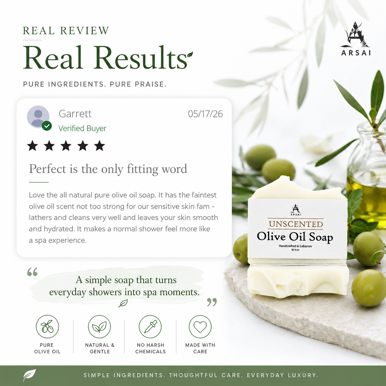Unscented - Raw - Pure Olive Oil Soap Bar - Handcrafted - All-Natural - Moisturizing & Soothing - 4oz - For All Skin Types - Unisex
